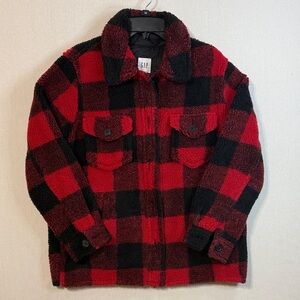 GAP Red and Black Plaid Teddy Jacket